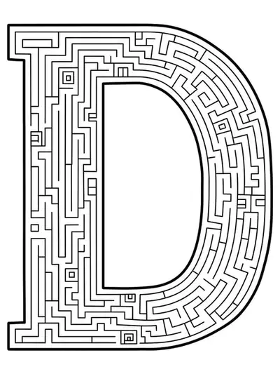 Intricate Letter D coloring page featuring pixel art and maze patterns for teens, hard level.
