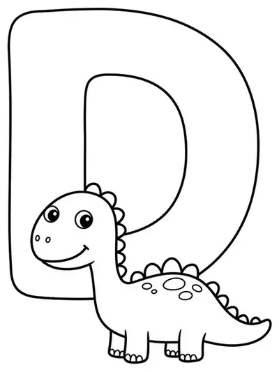 Easy dinosaur themed coloring page featuring a big letter D and a smiling dinosaur, ready to color.