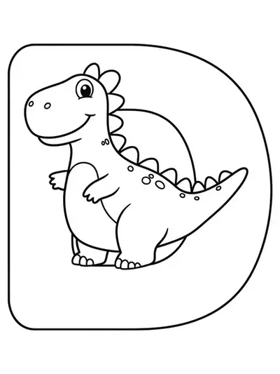 Simple coloring page with a big letter D and a smiling dinosaur, easy to color for preschool children.