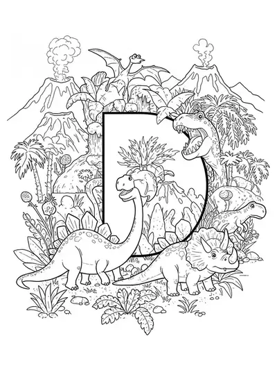 Complex letter D decorated with dinosaurs, foliage, and fossils for kids to color.