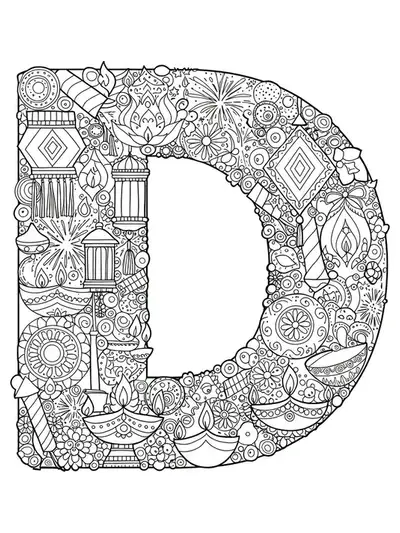 Intricate letter D with Diwali lamps, rangoli, and festive patterns for kids’ coloring.