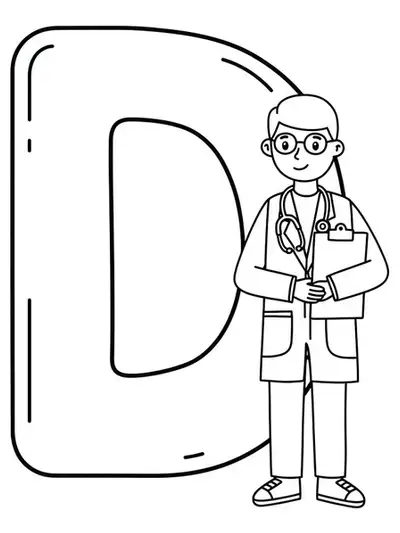 Easy coloring page with a large letter D and a smiling cartoon doctor, perfect for children.