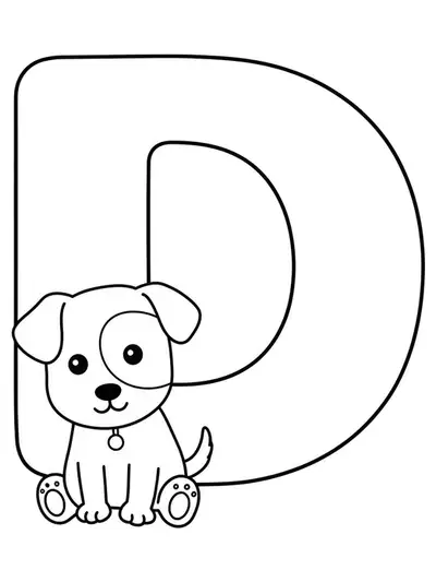 Coloring page with a large letter D and a cute puppy dog, simple lines and big spaces to color.