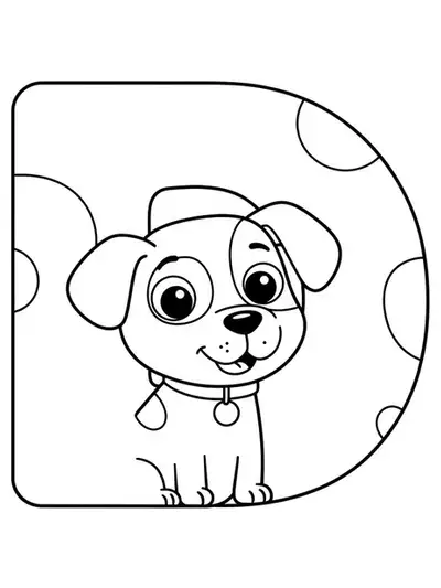 Easy coloring page with a large letter D and a cute dog sitting next to it, designed for preschoolers.