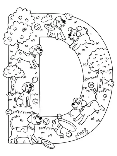 Letter D at a dog park with various dogs, trees, and toys, medium detail for kids.
