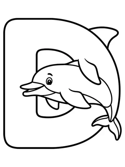 A large letter D with a happy dolphin leaping out of the water, easy coloring page for children.