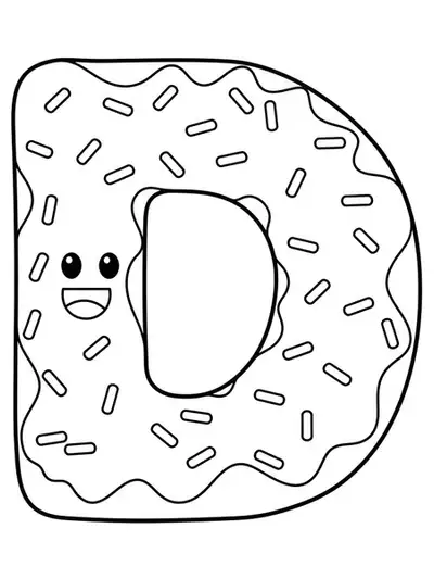 Easy coloring page of the letter D with a smiling donut and sprinkles, designed for children.
