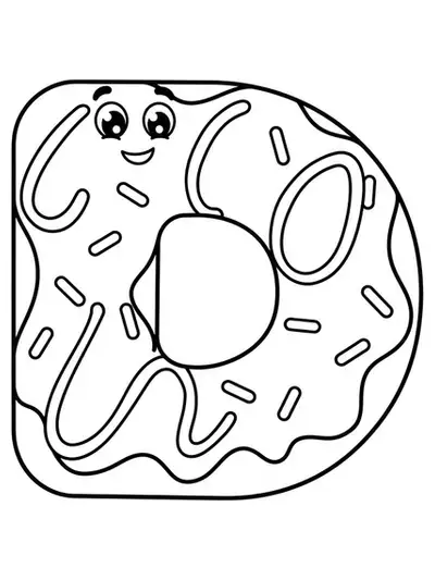 Large letter D with a happy donut, simple outline for easy preschool coloring.