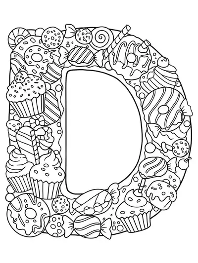 Coloring page showing letter D with assorted donuts, cupcakes, and candies, medium detail.