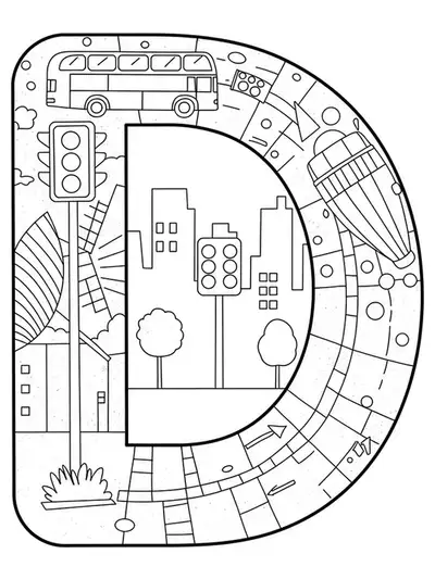 Letter D with a double-decker bus, city buildings, and traffic signs for elementary children.