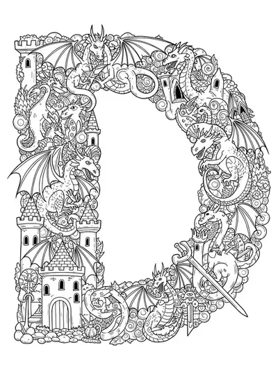 Intricate letter D with dragon and castle elements for coloring, suitable for elementary kids.