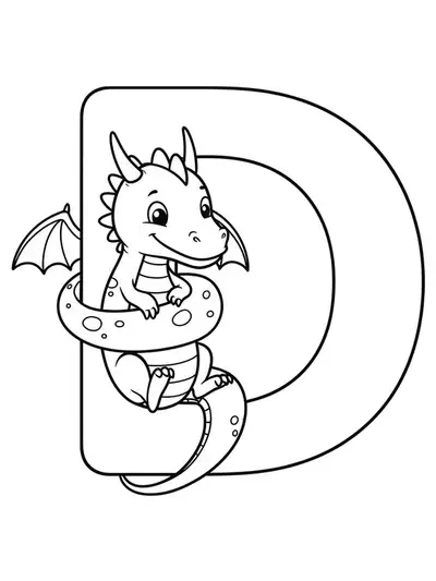 Coloring page showing a large letter D with a smiling, friendly dragon, easy for children to color.