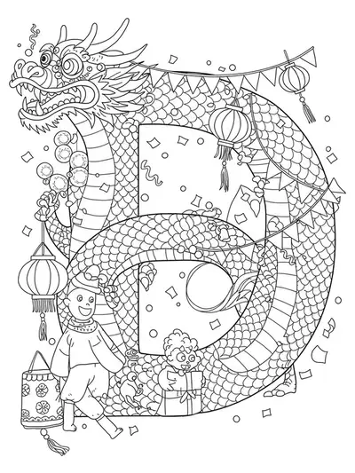 Dancing dragon with letter D, lanterns, and confetti, medium detail for elementary students.