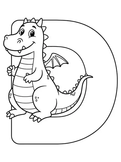Simple coloring page with a big letter D and a cute dragon, easy to color for preschoolers.