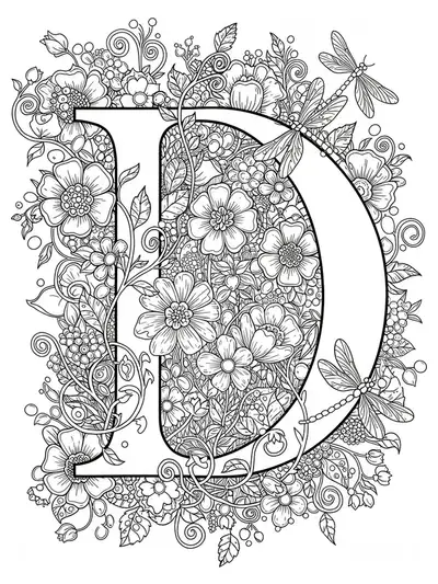 Letter D filled with elaborate garden motifs, flowers, and dragonflies for kids to color.