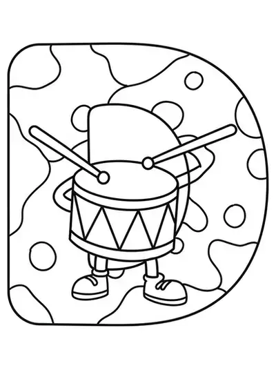 Simple coloring page with a big letter D and a cartoon drum, easy for preschool kids to color.