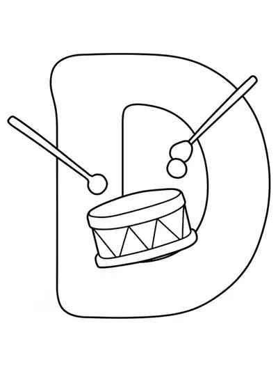 Large letter D with a simple cartoon drum and drumsticks, easy coloring page for kids.