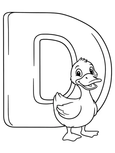 A large letter D with a cute cartoon duck, easy to color for young kids.