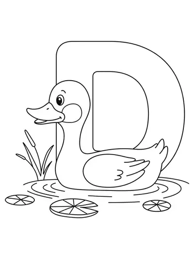 Large letter D with a basic duck floating on a pond, simple outlines for preschool coloring.