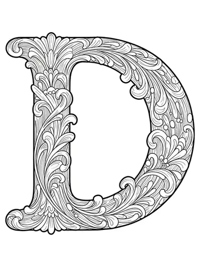 Letter D coloring page in Art Nouveau style with detailed floral and swirling decorative elements.