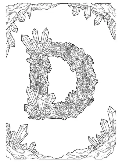Letter D coloring page with detailed geometric crystals and cavern patterns for teens, hard difficulty.