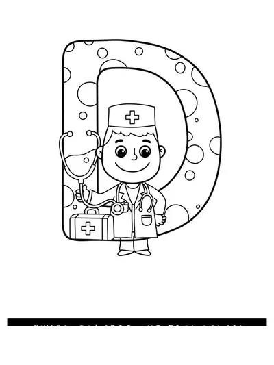 Letter D with a smiling doctor, stethoscope, and medical bag for preschool coloring fun.