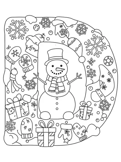 Letter D with snowflakes, a snowman, mittens, and winter decorations around it.