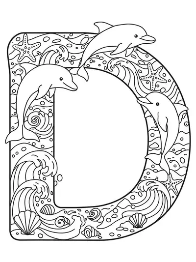 Medium detail coloring page with letter D, dolphins jumping, waves, and seashells for elementary.