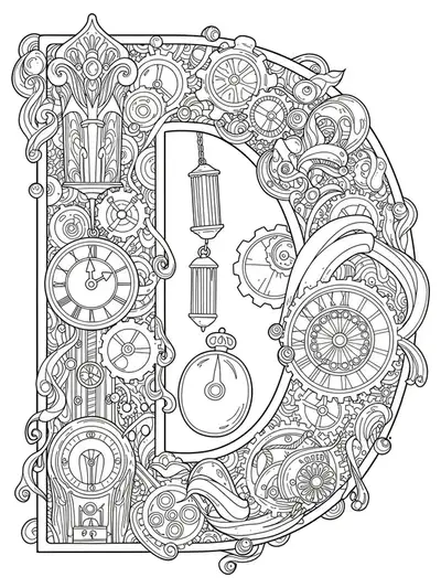 Letter D coloring page with detailed steampunk gears, machinery, and Victorian motifs for teens.