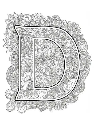 Letter D with a border of medium-detailed abstract doodles for adult coloring.