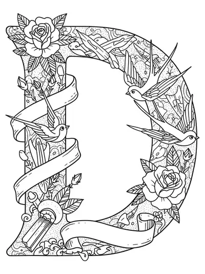 Intricate Letter D coloring page with vintage tattoo flash designs including roses and swallows for teens.