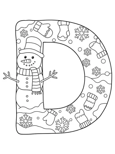 Letter D decorated with a snowman, scarf, and snowflakes, suitable for elementary coloring.