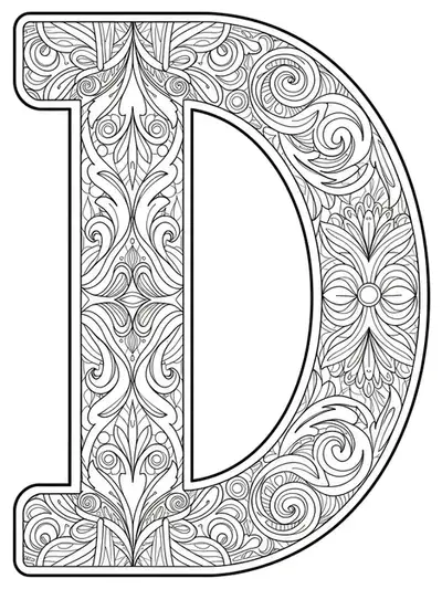 Art Deco architectural patterns and geometric borders forming the letter D.