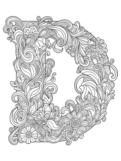 Letter D surrounded by medium-detailed Art Nouveau floral and flowing line accents for adult coloring.