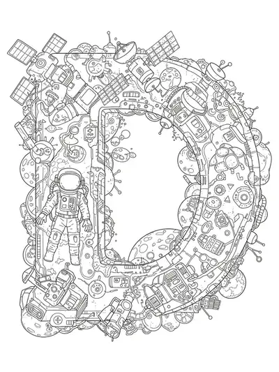 Letter D coloring page with astronauts, satellites, and complex futuristic space details for teens.