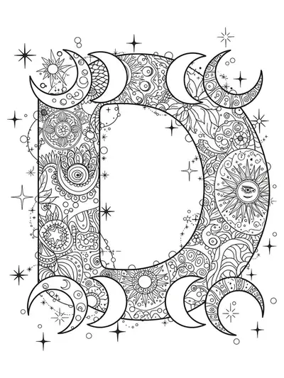 Letter D surrounded by medium-detailed moons, stars, and cosmic patterns for adult coloring.