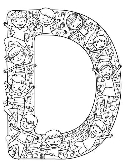 Easy coloring page with the letter D and outline drawings of teens in simple dance poses, surrounded by music notes.