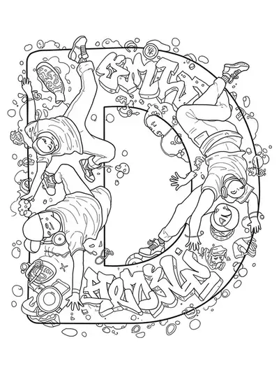 Letter D with street dance poses, headphones, sneakers, and graffiti details.