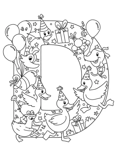 Letter D with several ducks wearing party hats, streamers, and balloons for a celebration.