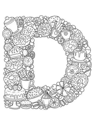 Letter D with an array of desserts like donuts, cake, and macarons in a café setting.