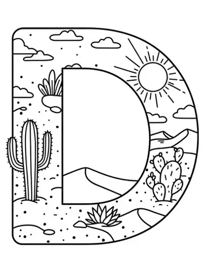 Easy coloring page with the letter D in front of simple desert elements like cacti, dunes, and a sun.