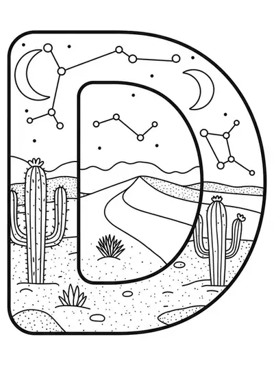 Letter D set against a desert night scene with cacti, sand dunes, and a starry sky.
