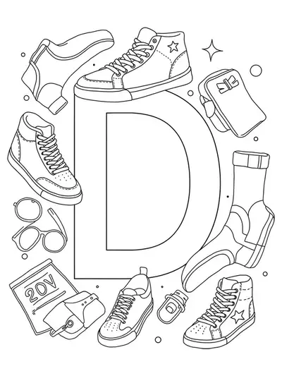 Easy coloring page with the letter D and outline drawings of designer sneakers and simple fashion icons.