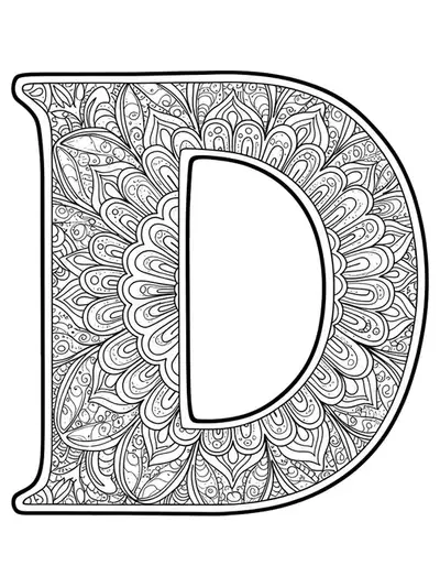 Letter D filled with medium-detailed floral lace patterns for adult coloring.