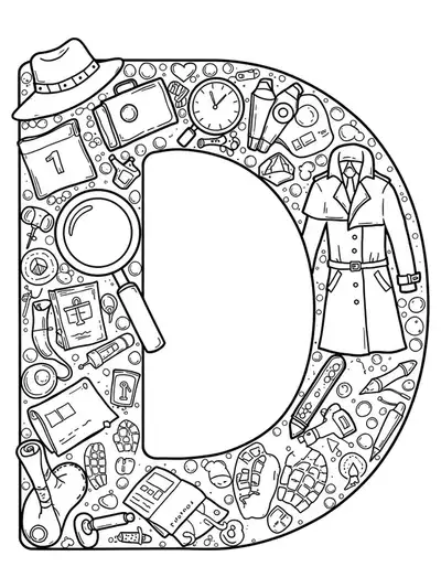 Letter D surrounded by detective-themed items: magnifying glass, clues, fingerprints, and a hat.