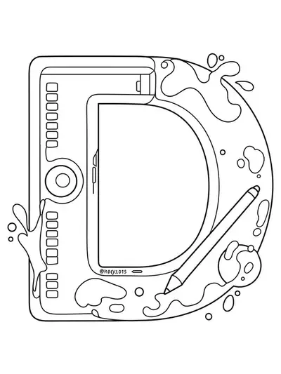 Easy coloring page with the letter D, a drawing tablet, stylus, and simple paint splash outlines.