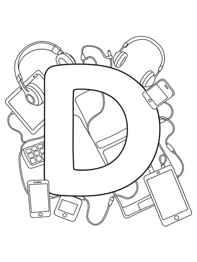Easy coloring page with the letter D surrounded by outline drawings of digital gadgets like headphones, tablet, and smartphone.