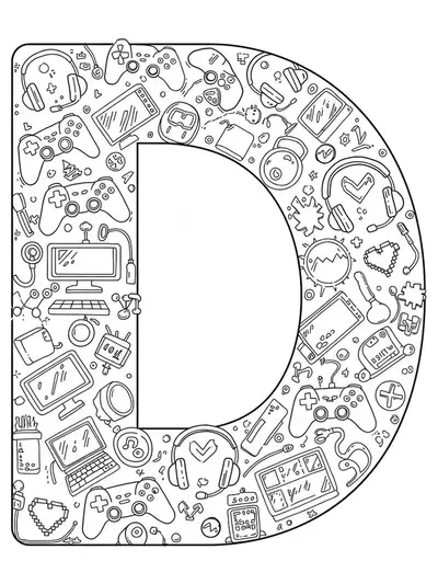 Letter D with gaming controllers, headsets, pixelated icons, and game elements.