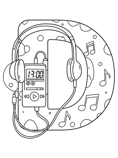 Easy coloring page with the letter D, a digital music player, headphones, and music notes.