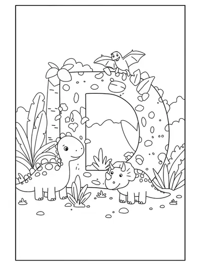 Printable coloring page with the letter D surrounded by dinosaurs and jungle plants, designed for preschoolers.
